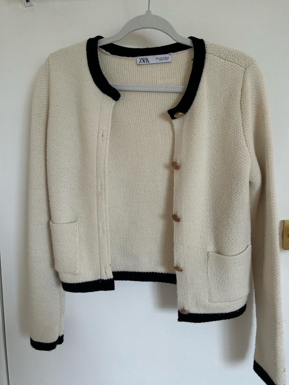 Zara Cream Cardigan with Black Trim and Gold Buttons